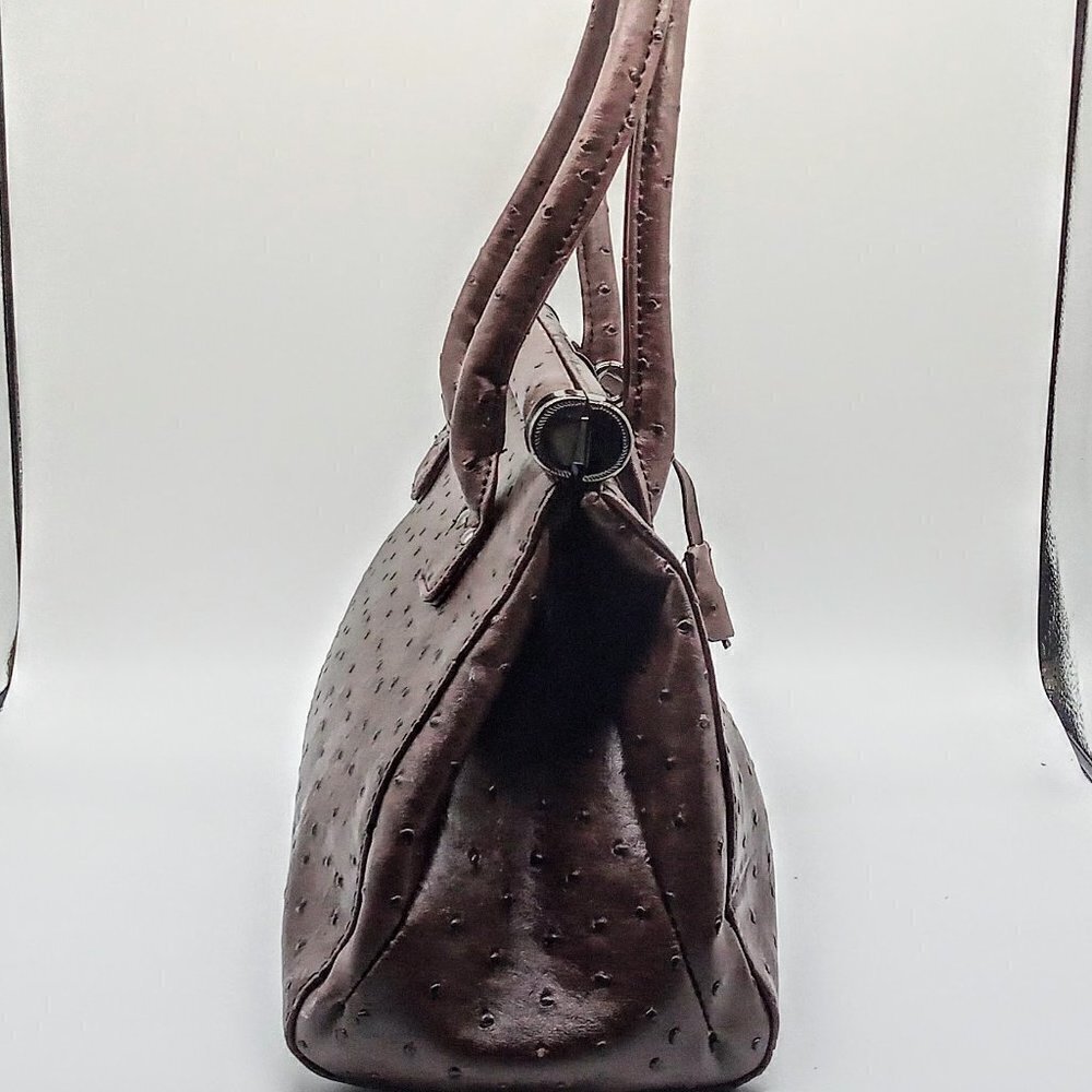 Coffee Brown Faux Ostrich Skin Gunmetal Satchel Bag - Picture 3 of 8